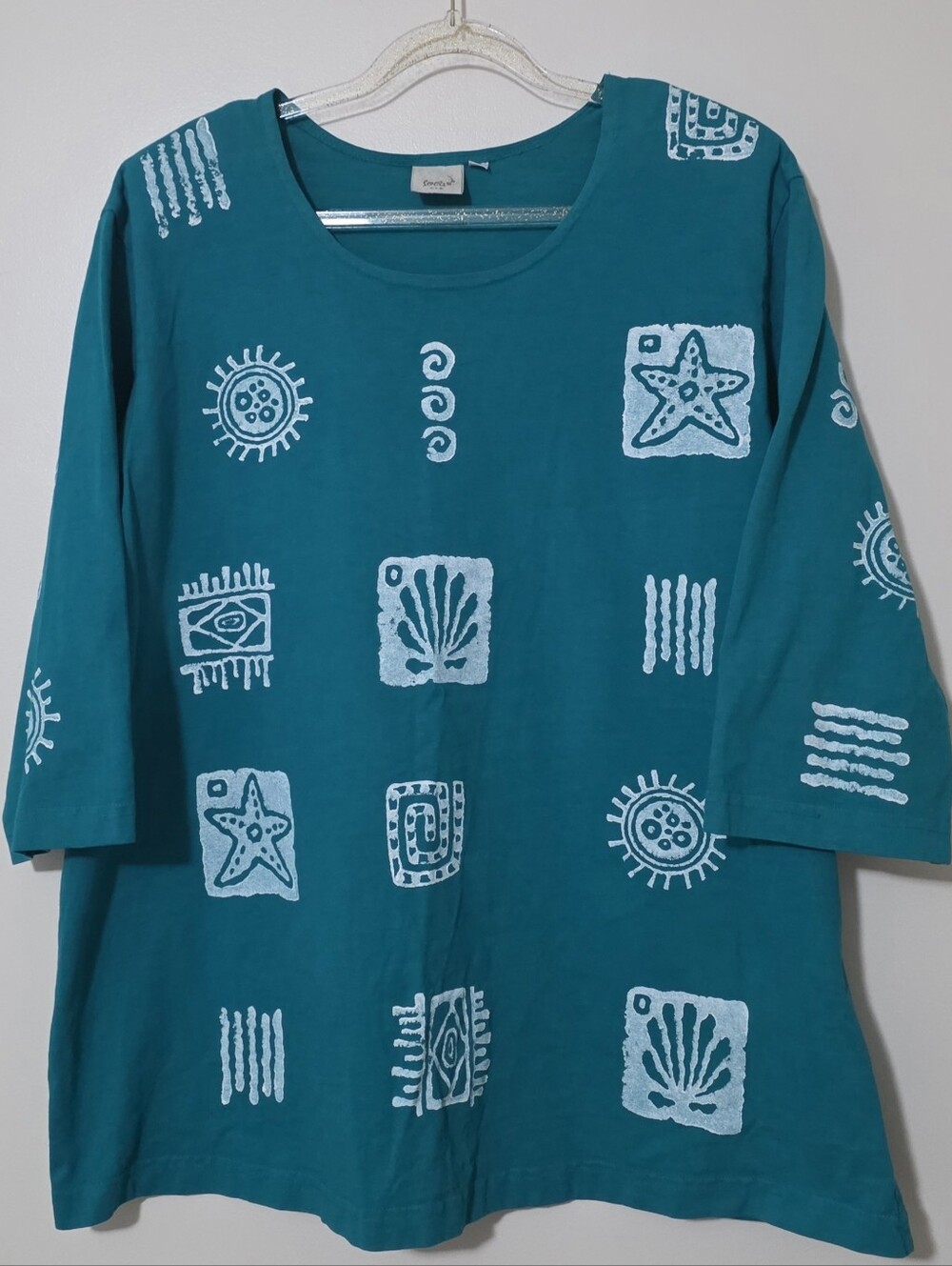 Vintage Focus USA Painted Blue 100% Cotton Top Coastal Beach Shells Sz Large